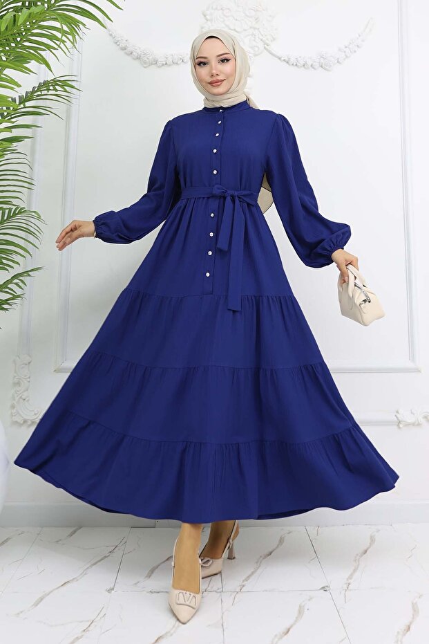 Stoned Buttoned Judge Collar Hijab Dress Navy Blue 2268