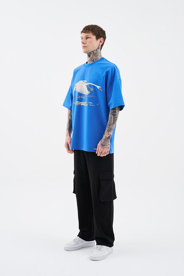 Erkek Swan Printed Oversize Soft Mavi Tişört - 7