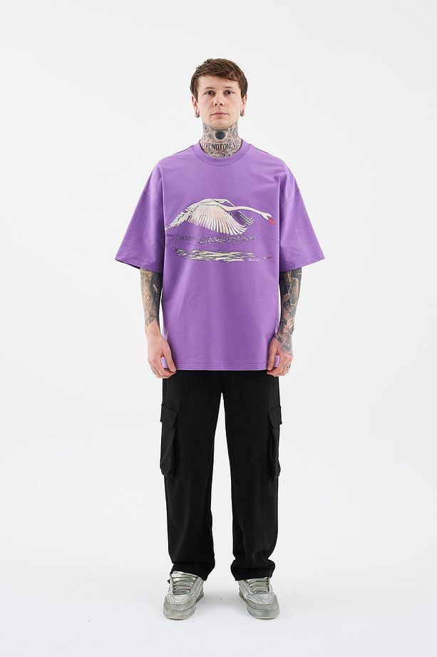 Erkek Swan Printed Oversize Mor Tişört - 6