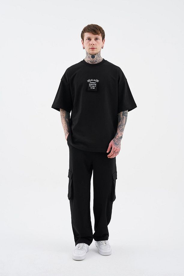 Erkek Flock Printed Oversize Siyah Tişört - 5