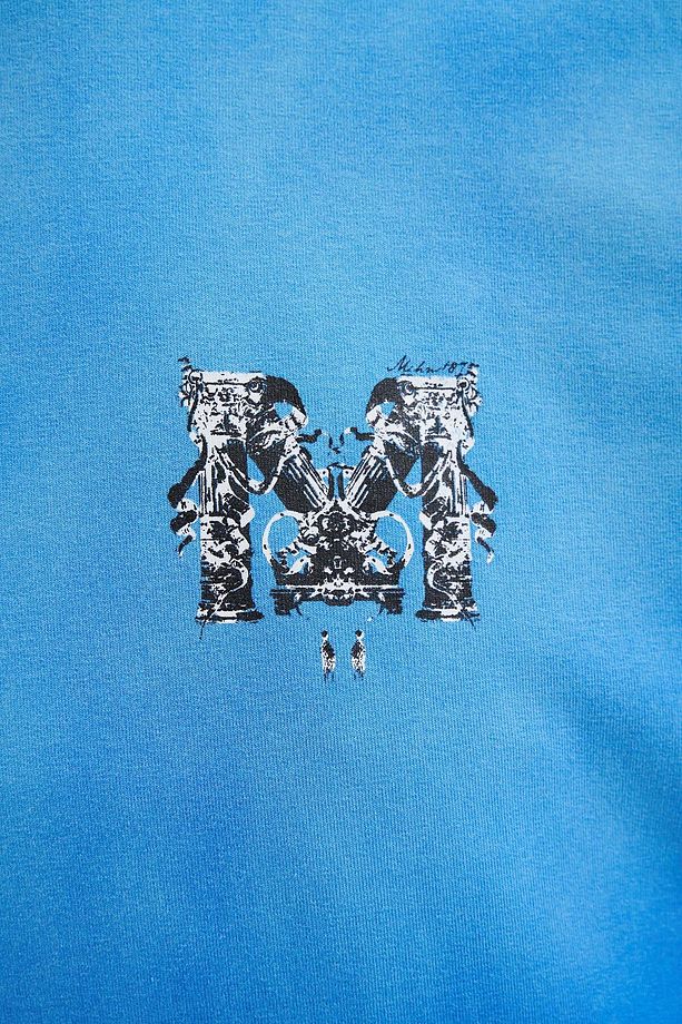 Erkek M Letter Washed Yikamali Oversize Soft Mavi Tişört - 4