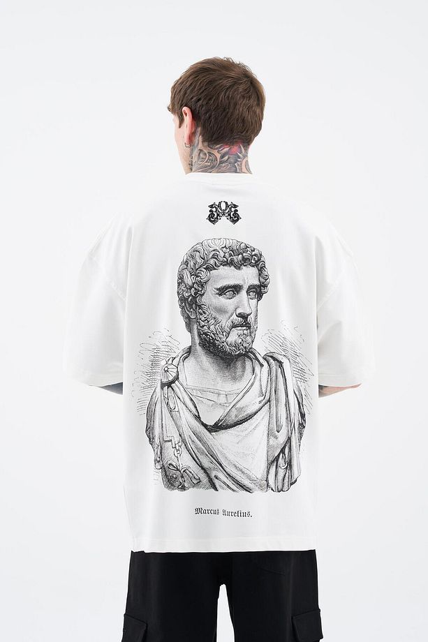 Erkek Marcus Aurelius Oversize Ekru Tişört - 5