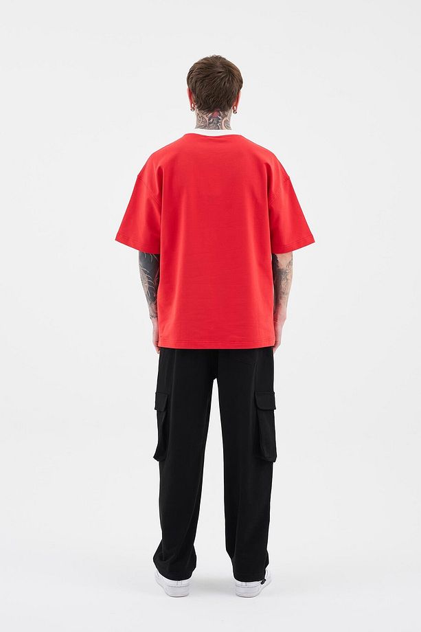 Erkek Colored And Technical Embroidered Oversize Ateş Kırmızısı Tişört - 6