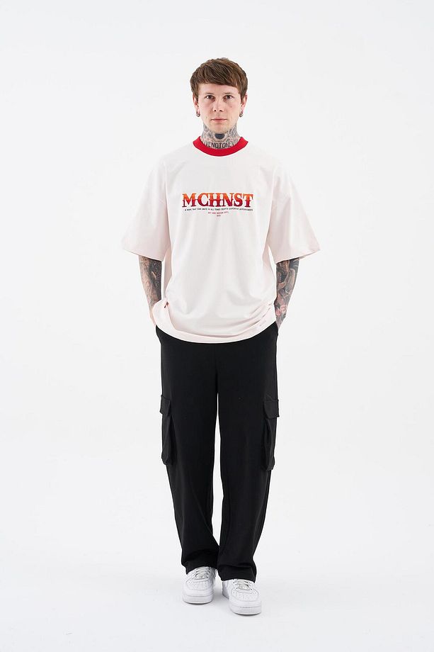 Erkek Color Gradient Embroidered Oversize Açık Pembe Tişört - 7