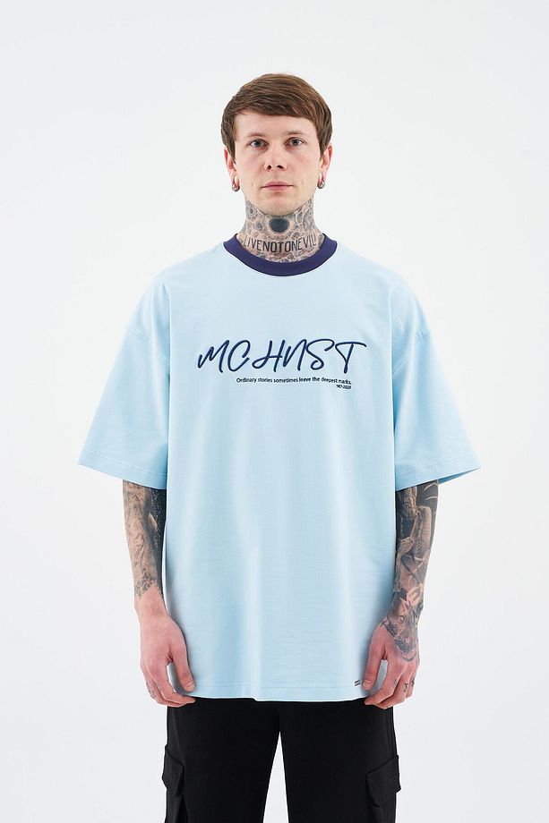 Erkek Colored And Technical Embroidered Oversize Light Mavi Tişört - 4