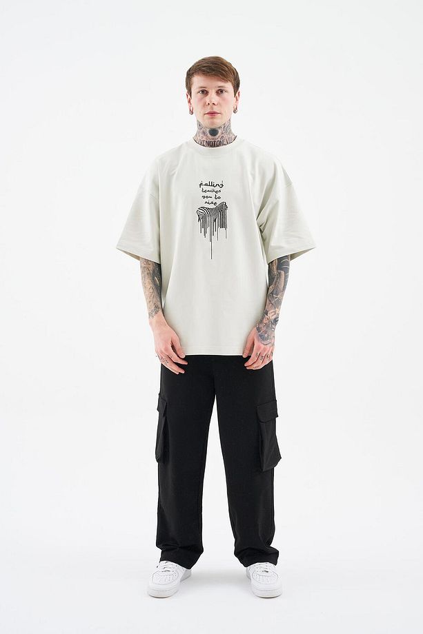 Erkek Printed And Zebra Oversize Uzay Grisi Tişört - 6