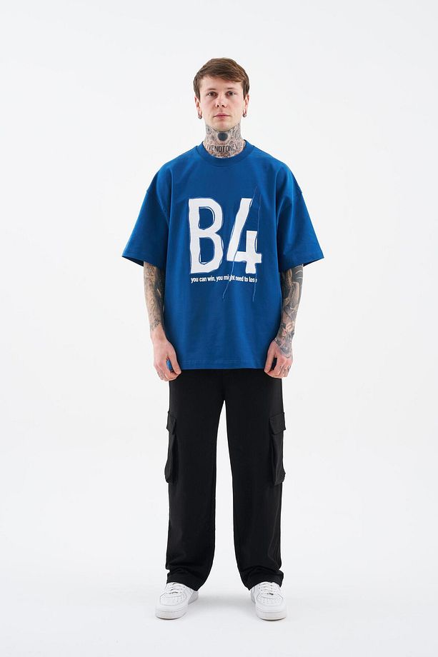 Erkek B4 Printed And Embroidered Oversize İndigo Tişört - 7