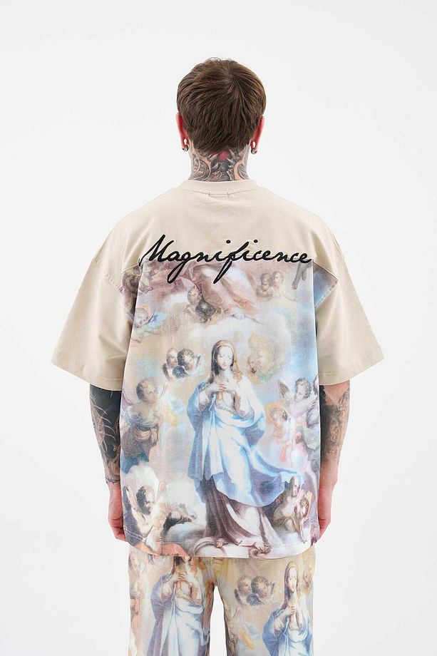 Erkek Baroque Style Painting Printed Oversize Soft Bej Tişört - 5