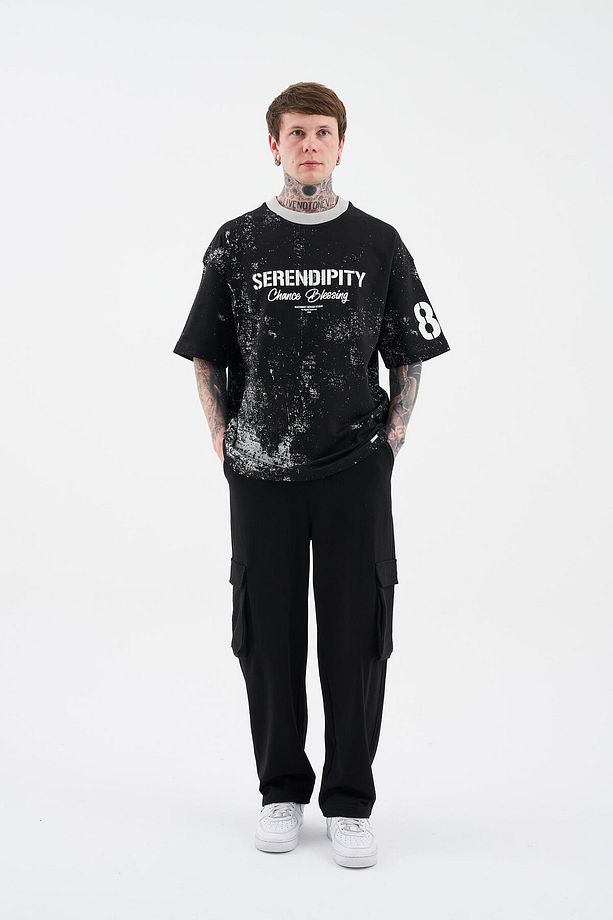 Erkek All Over Printed And Contrast Collar Oversize Siyah Tişört - 4