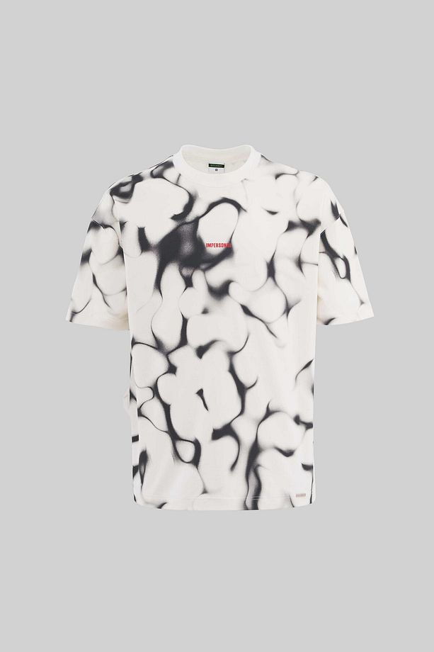 Erkek All Over Abstract Pattern Printed Oversize Ekru Tişört - 1