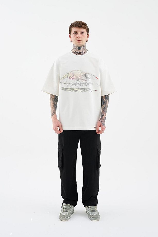 Erkek Swan Printed Oversize Uzay Grisi Tişört - 6