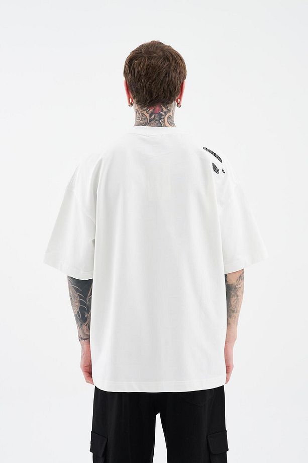 Erkek Patchwork And Stitched Oversize Ekru Tişört - 6