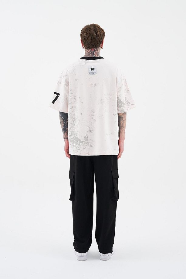 Erkek All Over Printed And Contrast Collar Oversize Açık Pembe Tişört - 5