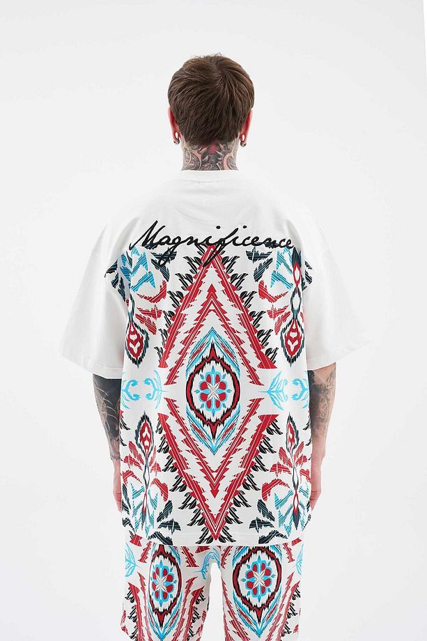 Erkek Ethnical Printed And Embroidered Tişört Ecru - 5