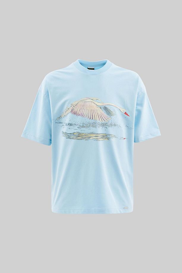 Erkek Swan Printed Oversize Light Mavi Tişört - 1