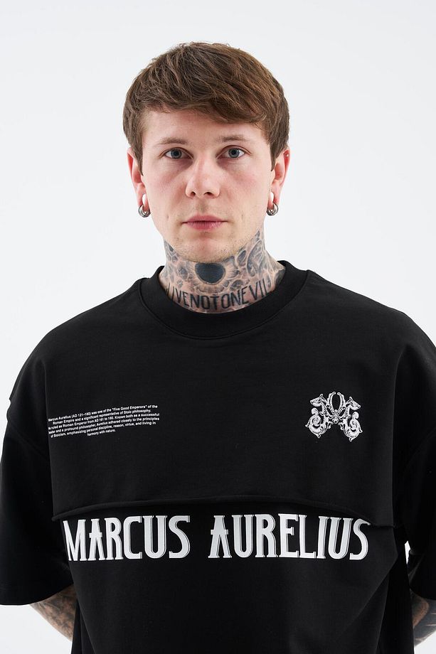 Erkek Marcus Aurelius Oversize Siyah Tişört - 7