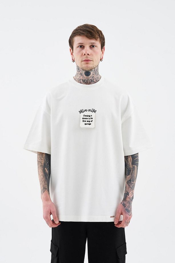 Erkek Flock Printed Oversize Ekru Tişört - 5