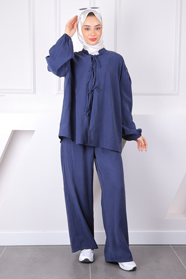 Navy Blue Front Tie Kimono Suit with Trousers