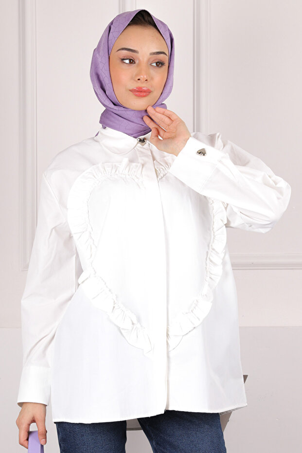 White Front Heart Ruffle Shirt