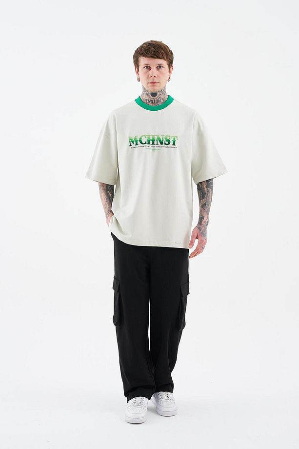 Erkek Color Gradient Embroidered Oversize Uzay Grisi Tişört - 7