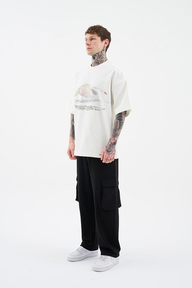 Erkek Swan Printed Oversize Ekru Tişört - 7