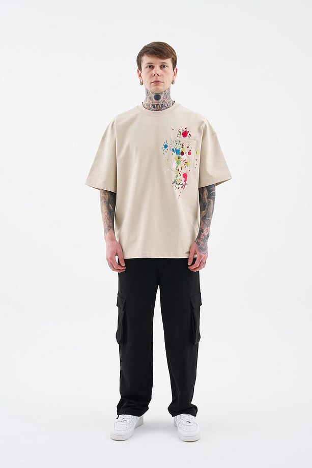Erkek Splater Look Colored Embroidered Oversize Soft Bej Tişört - 6
