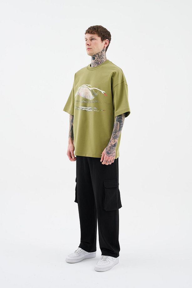 Erkek Swan Printed Oversize Askeri Yeşil Tişört - 7
