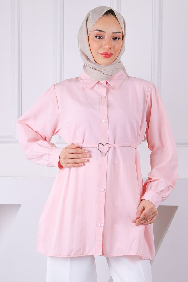 Pembe Kuşaklı Düğmeli Tunik - 1
