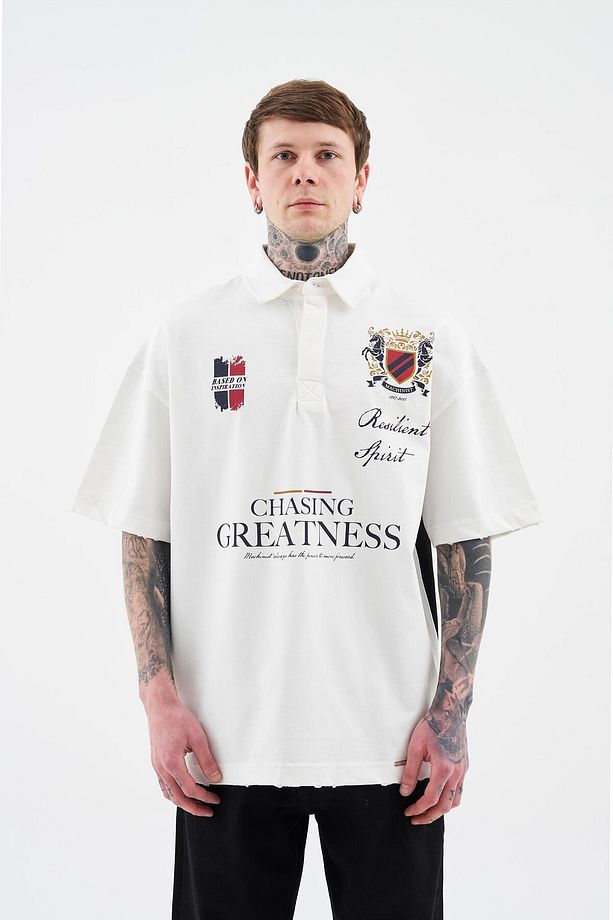 Erkek Printed And Yıkamalı Polo Oversize Ekru Tişört - 5