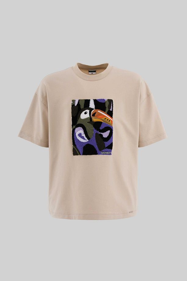 Erkek Parrot Embroidered Oversize Soft Bej Tişört - 1