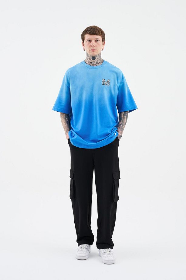 Erkek M Letter Washed Yikamali Oversize Soft Mavi Tişört - 7
