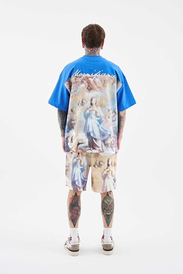 Erkek Baroque Style Painting Printed Oversize Soft Mavi Tişört - 7