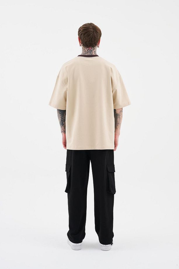 Erkek Colored And Technical Embroidered Oversize Soft Bej Tişört - 6