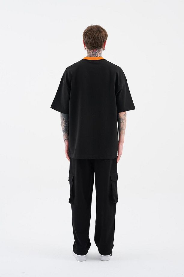 Erkek Color Gradient Embroidered Oversize Siyah Tişört - 8
