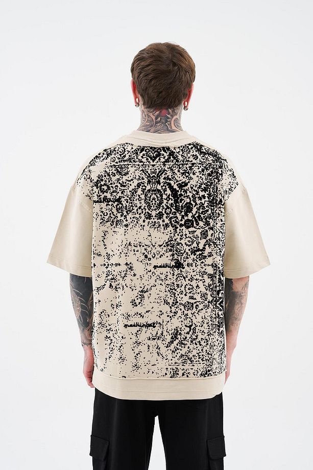 Erkek Rug Pattern Flock Printed Oversize Soft Bej Tişört - 6
