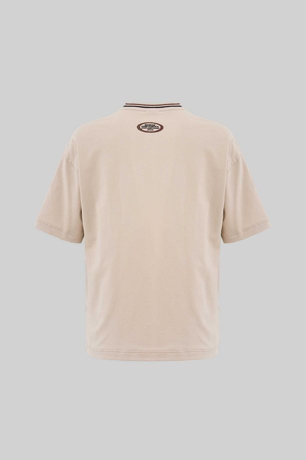 Erkek Striped Collar And Embroidered Oversize Soft Bej Tişört - 4