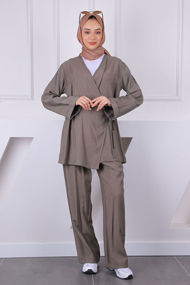 Khaki Front Tie Kimono Suit with Pants