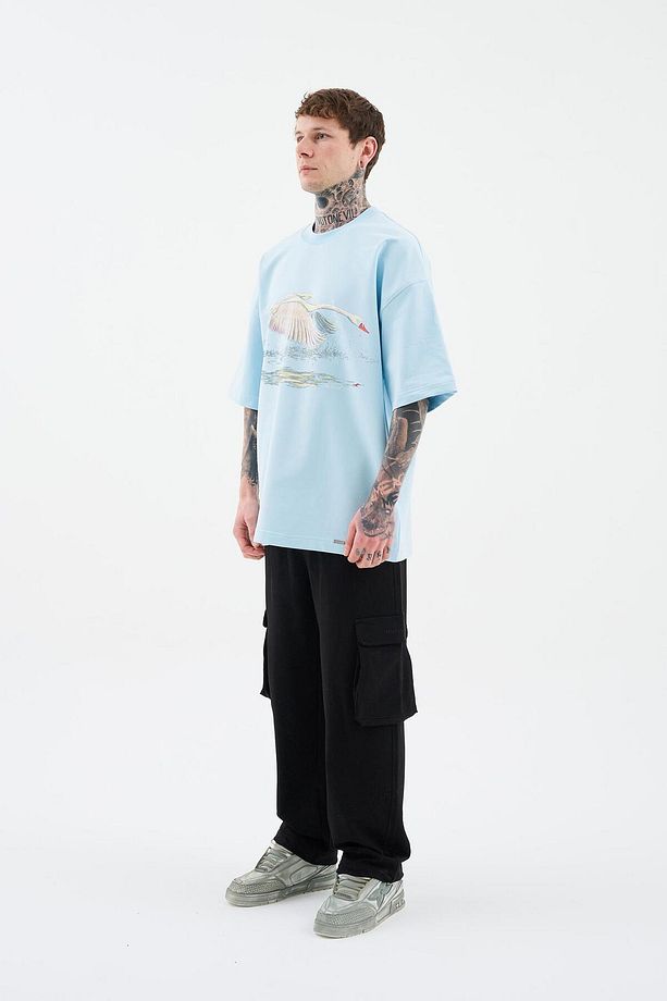 Erkek Swan Printed Oversize Light Mavi Tişört - 7