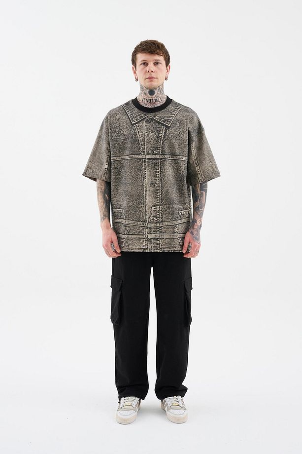 Erkek Denim Efect Oversize Soft Bej Tişört - 7