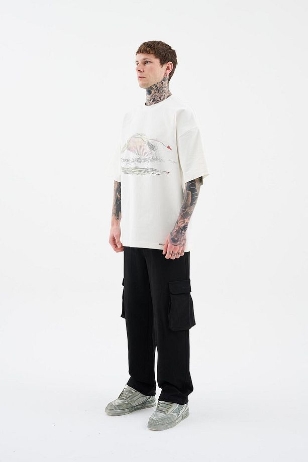 Erkek Swan Printed Oversize Uzay Grisi Tişört - 7