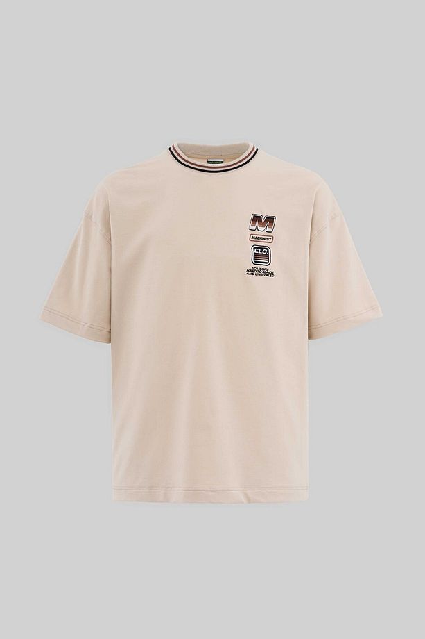 Erkek Striped Collar And Embroidered Oversize Soft Bej Tişört - 1