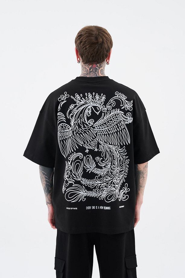 Erkek Flock Printed Oversize Siyah Tişört - 6