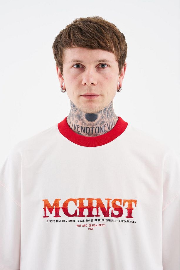 Erkek Color Gradient Embroidered Oversize Açık Pembe Tişört - 5