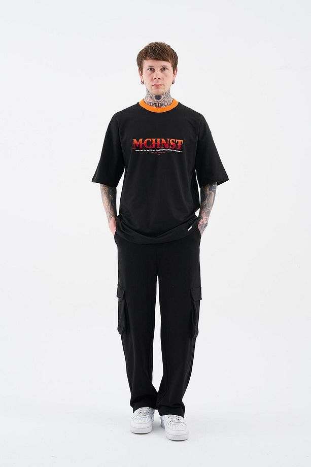 Erkek Color Gradient Embroidered Oversize Siyah Tişört - 7