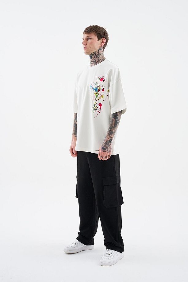 Erkek Splater Look Colored Embroidered Oversize Ekru Tişört - 7
