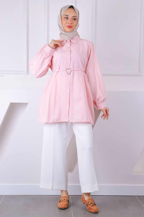 Pembe Kuşaklı Düğmeli Tunik - 2