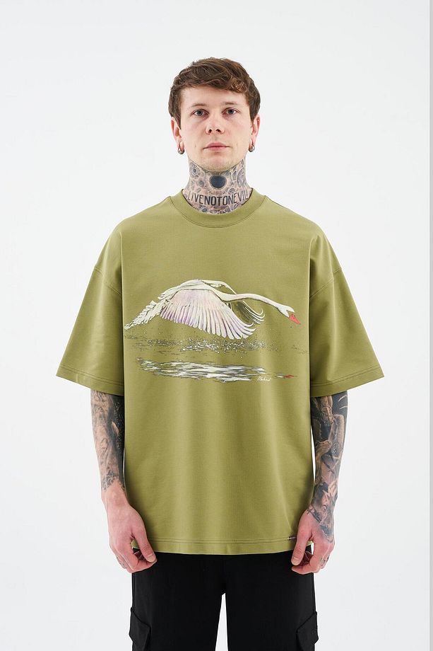 Erkek Swan Printed Oversize Askeri Yeşil Tişört - 4