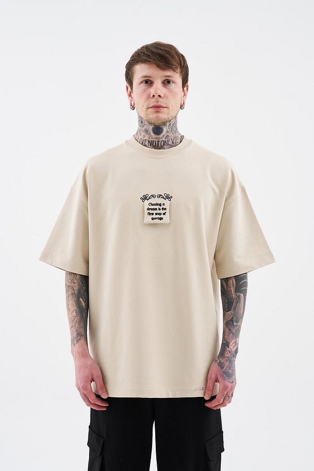 Erkek Flock Printed Oversize Soft Bej Tişört - 4