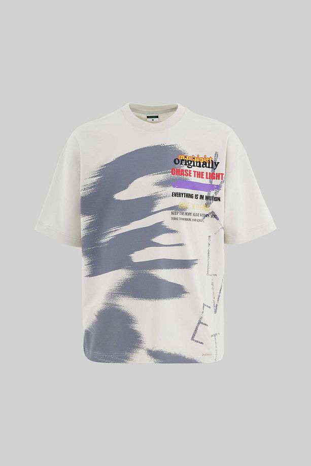 Erkek Multi Colored And Slogan Printed Oversize Uzay Grisi Tişört - 1