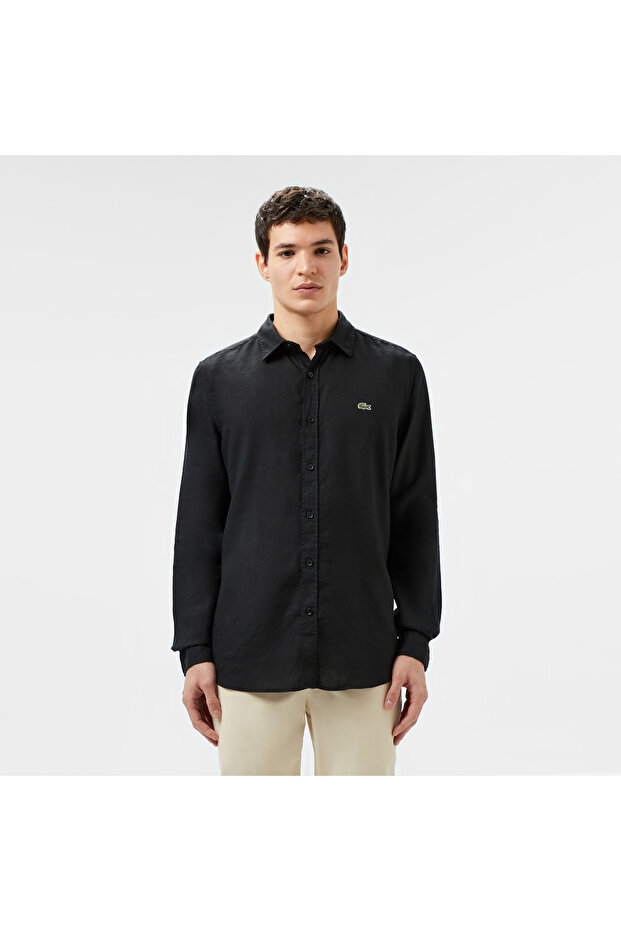 Erkek Slim Fit Keten Siyah Gömlek - 1